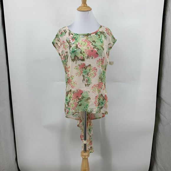 Mimi Chica Blouse Womens XS Extra Small Floral Cap Sleeve V Back Ruffle Train - Picture 2 of 14